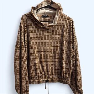 Halston Heritage Beige & Black Geometric Logo Hoodie Soft Texture Drawstring LG